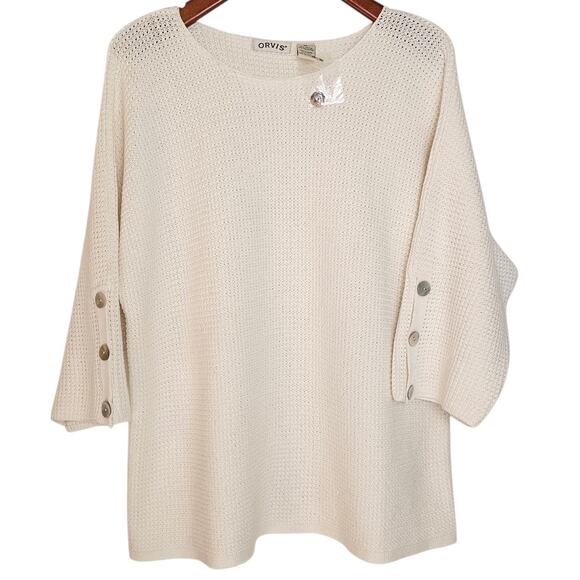 Orvis Sweaters - Orvis Cream White Knit Pullover Sweater with 3/4 Sleeves & Buttons